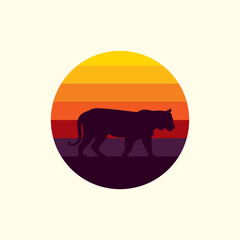 Silhouette of a tiger against a striped retro sunset. Original vector illustration in vintage style isolated on light background. T-shirt design.