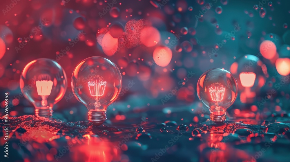 Poster Glowing Light Bulbs in a Vibrant Wet Environment with Bokeh Effect and Colorful Reflections