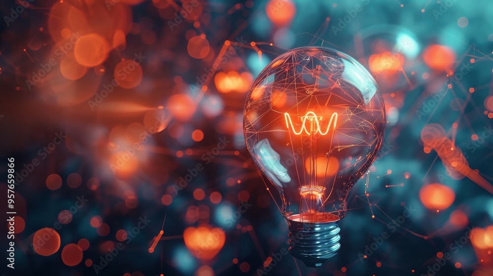 Poster innovative light bulb with glowing filament and abstract network connections in a futuristic technol