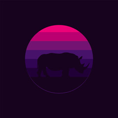 Silhouette of a rhinoceros against a striped retro sunset. Original vector illustration in vintage style isolated on black background. T-shirt design.