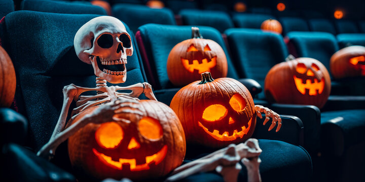 Skeleton with Halloween pumpkins in a movie theater, horror film screening, wide banner