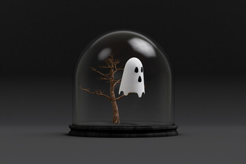 Trapped ghost in a dome with a tree. Halloween concept