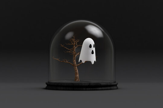 Trapped ghost in a dome with a tree. Halloween concept