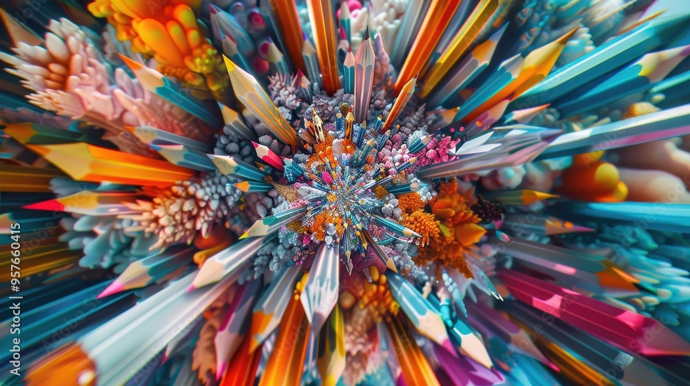 Aufkleber Vibrant Explosion of Colorful Pencils and Abstract Shapes in a Dynamic Artistic Composition