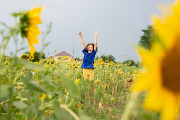 Happy child jumping in a field with sunflowers