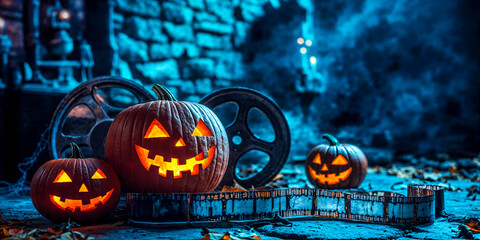 Halloween pumpkins with film reel, horror movie screening, copyspace