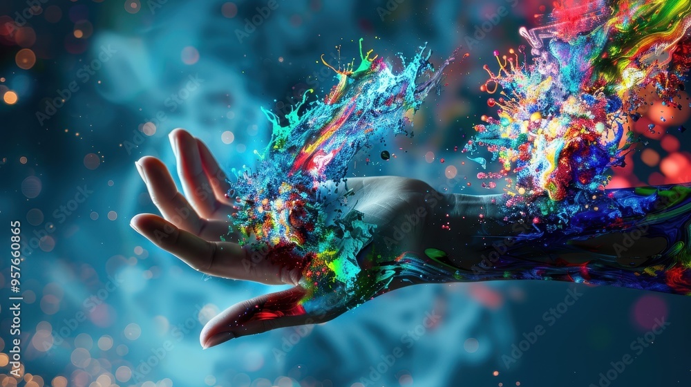 Aufkleber vibrant explosion of colorful paint on hand in abstract artistic concept with bokeh background