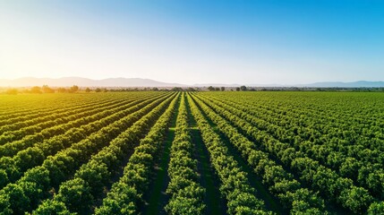 A vibrant green agricultural field stretches into the distance under a clear blue sky, showcasing sustainable farming and nature's beauty.