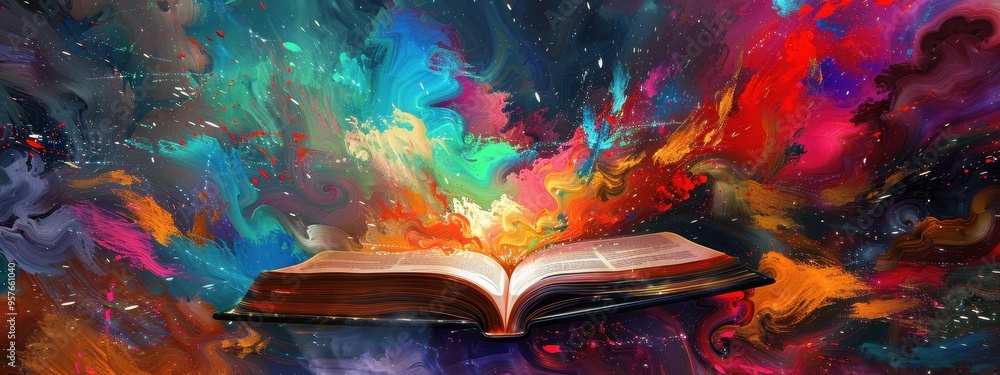 Aufkleber open book with vibrant multicolored abstract background representing imagination and creativity