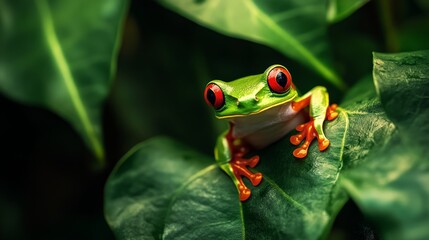 Fototapeta premium A vibrant red-eyed tree frog perched on lush green leaves, showcasing its striking colors and curious expression in a natural setting.