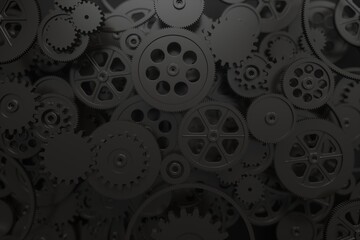 3d render of many black gears working together.