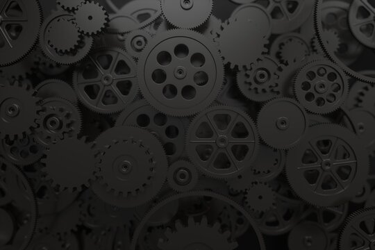 3d render of many black gears working together. - Powered by Adobe