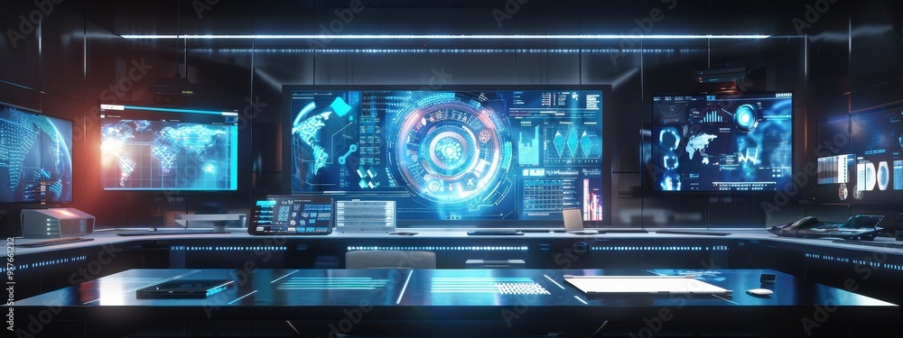 Poster futuristic command center with advanced technology and digital interfaces in a high-tech control roo