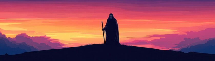 Spooky Grim Reaper silhouette under the twilight sky, flat design, front view, cursed atmosphere theme, animation, Complementary Color Scheme