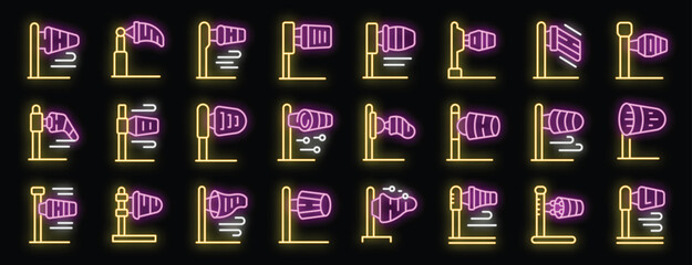 Glowing neon icons of windsocks, essential equipment for aviation and meteorology, illustrating wind conditions