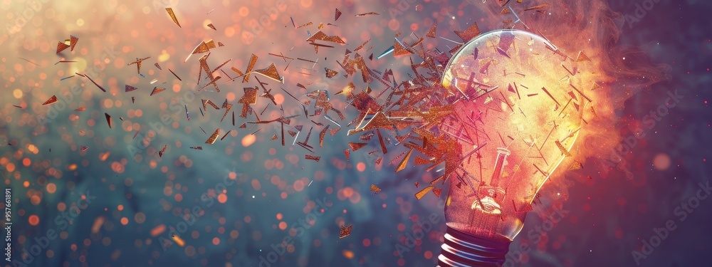 Poster shattering light bulb with glowing filament and flying glass shards against colorful bokeh backgroun