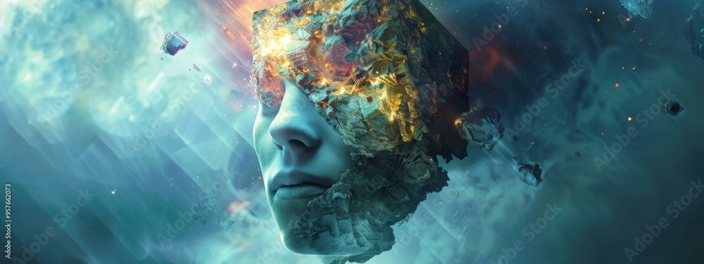 Poster surreal digital art of a human face fragmented with explosive elements in a cosmic environment