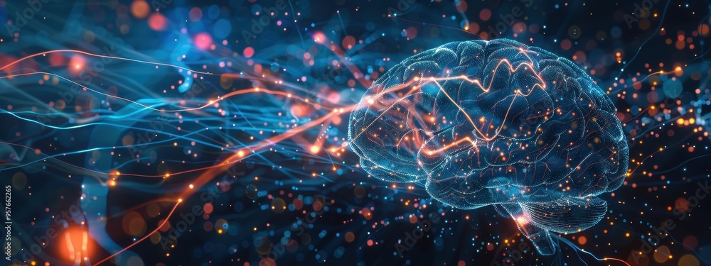 Poster futuristic digital brain with neural network connections and glowing data streams in a high-tech env