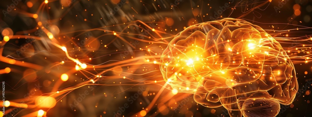 Poster glowing human brain with neural network connections in abstract digital background