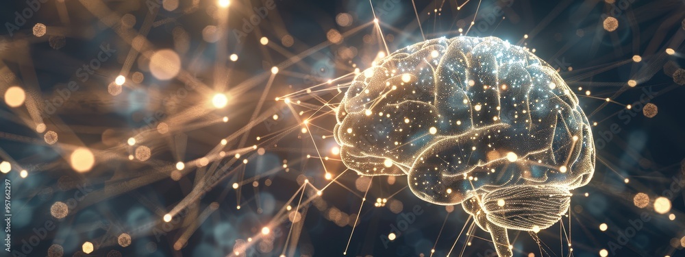 Poster futuristic digital brain with neural network connections and glowing nodes on a dark background