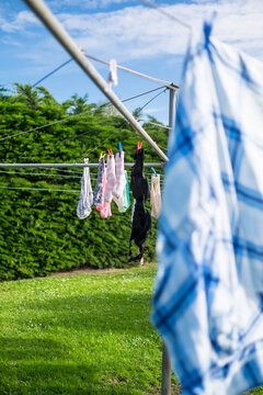 Clean clothes drying on a laundry hoist