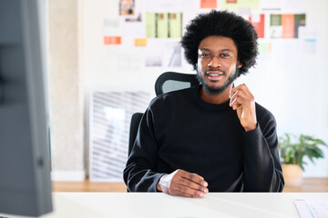 POV view of businessman On Video Call In Office looking at camera