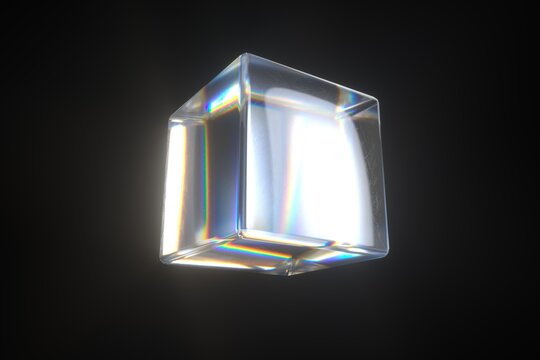 3D Trendy Crystal Glass Cube with Glossy Rainbow Spectrum.