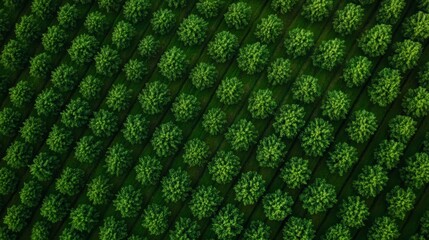 Aerial view of lush green trees arranged in neat rows, showcasing a beautiful and organized natural landscape from above.