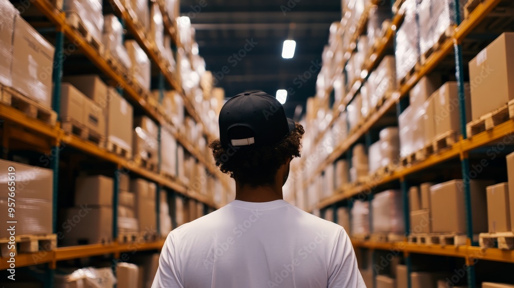 Poster back view of a person in a warehouse filled with stacked boxes on shelves, highlighting order and in