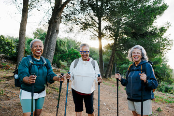 Three senior women are hiking in the forest on a sunny day