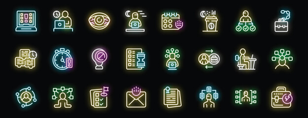 Glowing neon icons of freelancers working remotely, managing their time and tasks