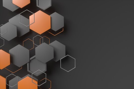 Gray and orange hexagons pattern background.