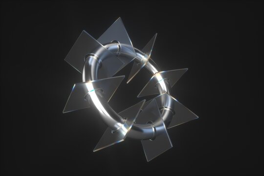 Abstract chrome plated metal ring with glass frames.