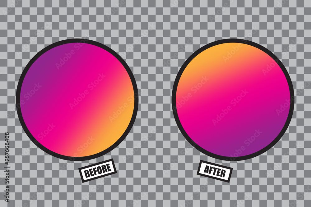 Poster gradient circles comparison. color transition effect. before and after text. vector illustration.
