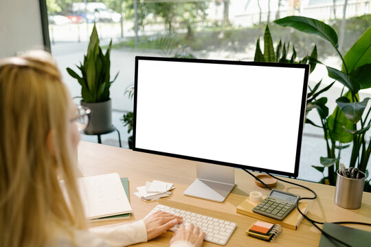 Mockup Display with white screen Woman Working at Office Desk 