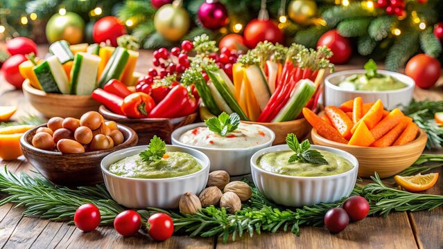 Veggie appetizers with colorful vegetables and dips arranged on a festive table for a vegetarian Christmas celebration