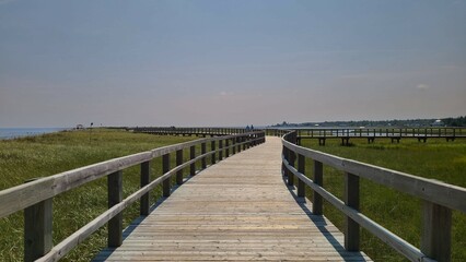 Wooden boardwalk over coastal dunes