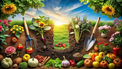 Vibrant and surreal collage poster revealing the secrets of successful gardening