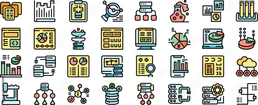 Poster this set of icons depicts data analysis, featuring charts, graphs, and big data concepts