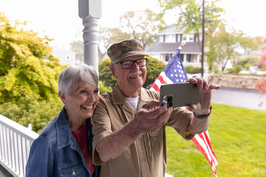 Senior couple selfie  Portrait smartphone porch with wife 