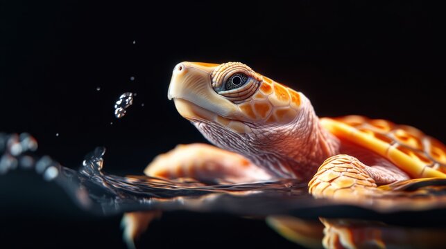 Close-up of a sea turtle swimming in dark water, highlighting its detailed shell and serene expression with water droplets in mid-air.