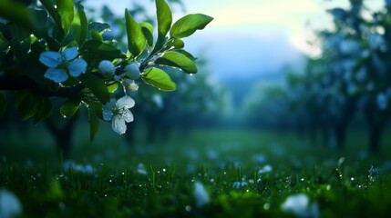 Close-up of blossoming apple tree branches with white flowers in a serene orchard, with dewdrops glistening in soft morning light.