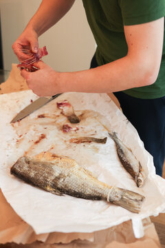 Fisherman preparing rustic fish for lunch