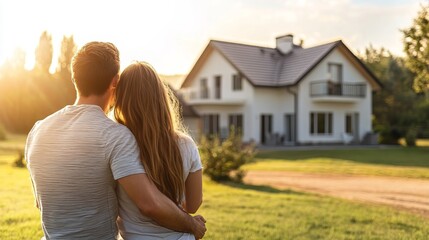Young couple looking at their new house. Man and woman hugging outdoor infront of dreaming home, Moving to new house, property, future planning.