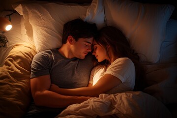 Couple embracing in bed during a cozy night, illuminated by soft light in a warm and intimate bedroom setting