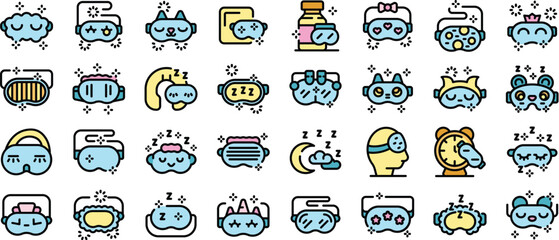 People using sleeping eye mask for having sweet dreams icon set in line style