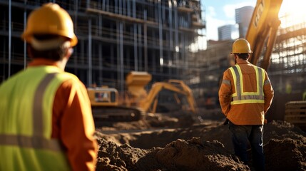 Construction workers wearing safety gear at a busy construction site with heavy machinery and building framework in the background.