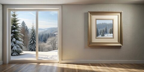 A cozy room with a snowy landscape outside the window and a picture frame on the wall