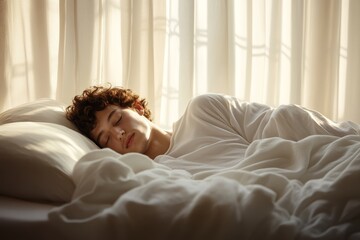 Young person sleeping peacefully in a cozy bedroom with soft natural light filtering through sheer curtains