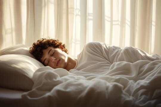 Young person sleeping peacefully in a cozy bedroom with soft natural light filtering through sheer curtains